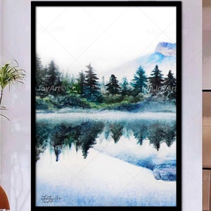 Stampa artistica Blue Ridge Grande dipinto di paesaggio Alberi di pino di montagna Foresta arte murale Originale dipinto ad acquerello sulla natura Decorazione per la casa Soggiorno