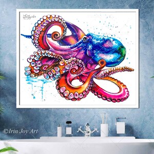 Octopus wall art print, Blue octopus abstract large canvas art Modern wall decor, Sea life Nautical bathroom coastal beach wall decor, gifts