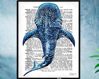 Abstract blue ocean whale shark wall art Dictionary animal print Sea humpback decor, Whale poster watercolor painting, Anniversary Gift idea