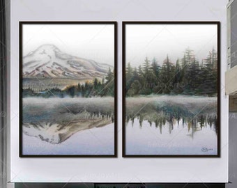 Pintura de lienzo grande de montaña nevada y brumosa Conjunto de 2 piezas Impresiones de arte de pared de paisaje gris, Cartel del lago del bosque natural, Decoración moderna y neutra para hombres