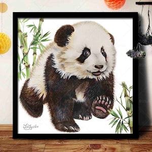 Panda poster Cute panda bear animal bamboo wall art Watercolor print Children room kids nursery decor Panda gift canvas painting Black white