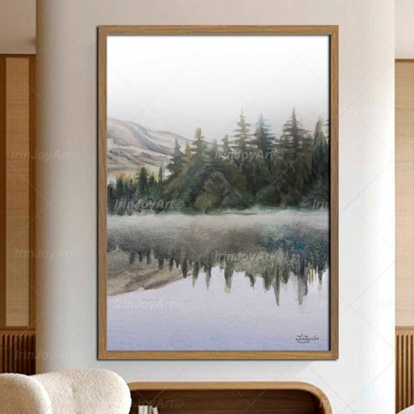 Peinture sur toile paysage monochrome gris montagnes brumeuses nature pins forêt impression d'art mural moderne neutre, décoration de salon chambre à coucher