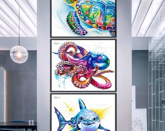 Sea Animal Watercolor Art Prints, Set of 3, Nautical Wall Decor