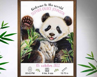 Baby birth stat sign Personalized birth announcement Printed newborn birth stat Newborn keepsake Name announcement, Panda painting art print