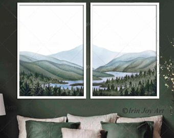 Arte de parede com colinas ondulantes, pintura de paisagem em tela grande, impressão em aquarela de Forest River, conjunto de 2, decoração moderna para sala de estar e casa neutra