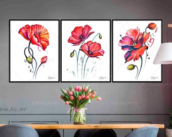 Lot de 3 coquelicots abstrait fleur rouge coquelicots impression art mural floral minimaliste, fleur shabby chic maison chambre d'enfant déco aquarelle