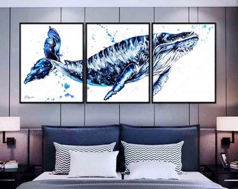 Arte de parede náutica Impressão de tubarão-baleia Conjunto de tríptico de peixes 3 pôster de animais marinhos Decoração de quarto de bebê para crianças, Decoração de casa de praia, Tela grande