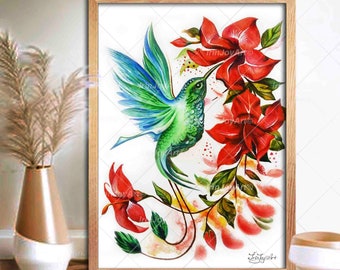 Humming bird print Flowers wall art decor Hummingbird poster Floral painting Bird large canvas wall art Colibri wall decor Birds of paradise