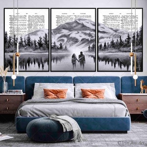 Set of 3 Watercolor landscape prints Mountain wall art, Dictionary book page art Black white panoramic large canvas painting, North Carolina
