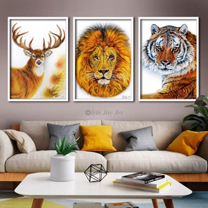 Dierenprint Set van 3 kunst aan de muur Tijger Leeuw Herten aquarel canvas schilderij Woodland Safari kinderkamer kunst Wildlife Forest Modern heren wanddecor