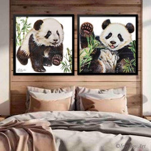 Set van 2 muurkunst panda print beer kinderkamer poster moderne grote canvaskunst kinderkamer decor, moderne minimalistische beer aquarel schilderij