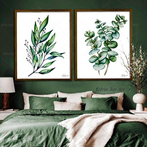 Set di 2 stampe Decorazione murale botanica astratta, pittura floreale foglia di eucalipto Decorazione minimalista moderna per la cucina con erbe aromatiche, decorazione verde