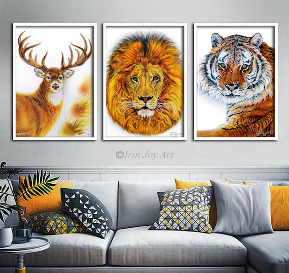 3 stampe artistiche da parete con cornice, animali selvatici, foresta, cervo, orso, volpe, acquerello, dipinti per cameretta dei bambini e avventura