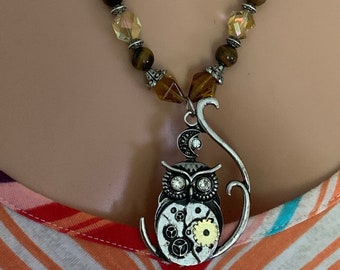 Beaded Necklace, Steampunk Owl Pendant Necklace