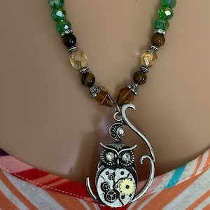 Beaded Necklace, Steampunk Owl Pendant Necklace