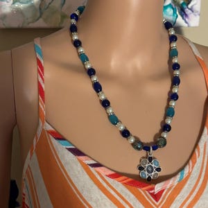 Beaded Necklace, Shades Of Blue Pendant Necklace