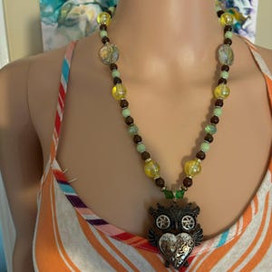 Beaded Necklace, Steampunk Owl Pendant Necklace