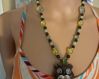 Beaded Necklace, Steampunk Owl Pendant Necklace