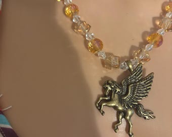 Beaded Necklace, Gold Pegasus Pendant Necklace