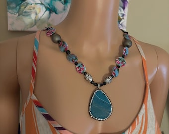 Beaded Necklace, Blue Agate Pendant Necklace With Bling