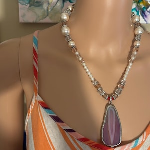 Beaded Necklace, Light Pink Agate Pendant Necklace