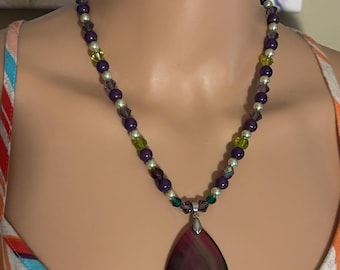 Beaded Necklace,  Glass Shaped Purple Tear Drop Pendant Necklace