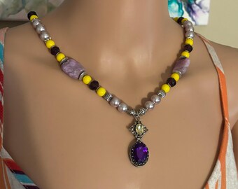 Beaded Necklace, Vintage Bling Pendant Necklace