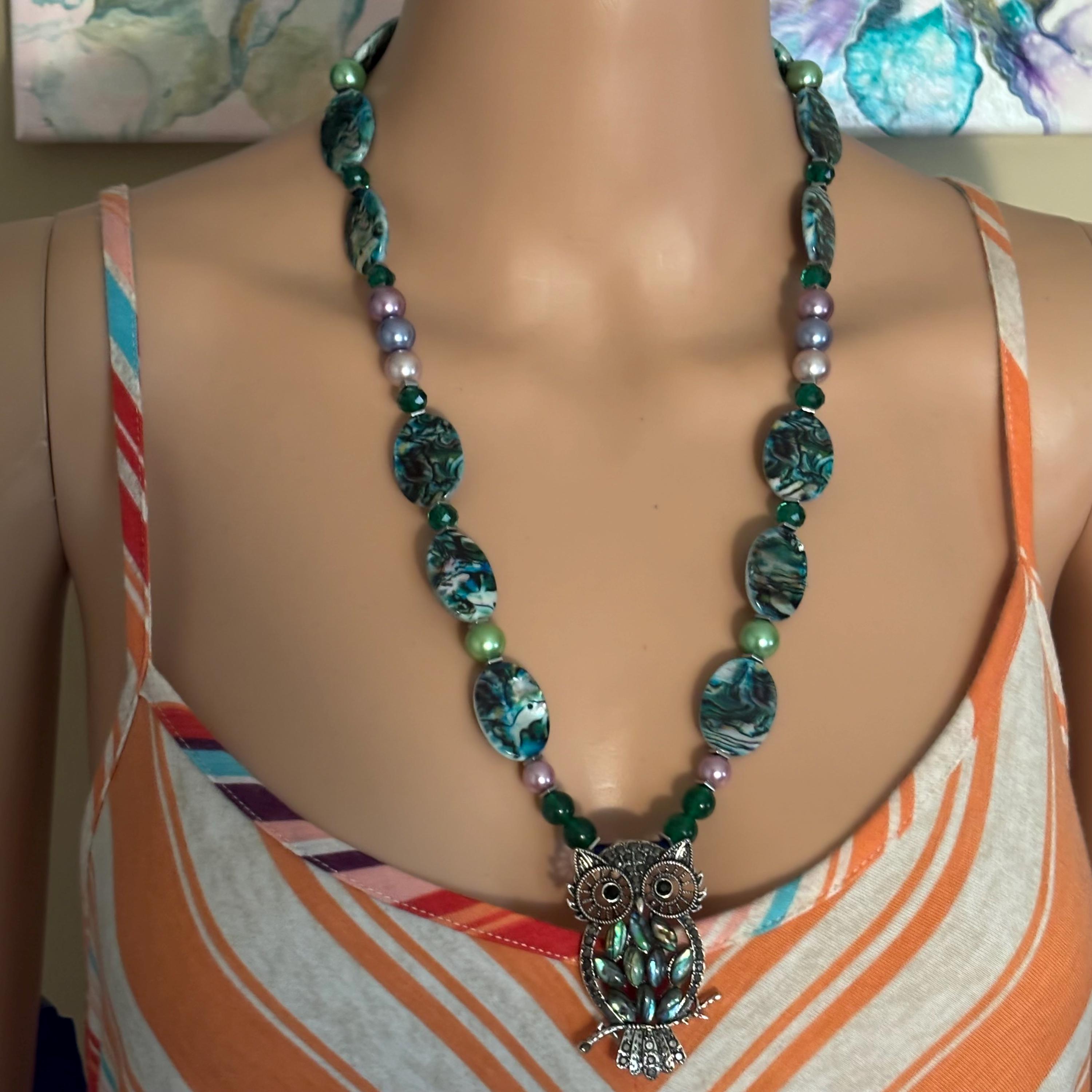 Beaded Necklace, Abalone Silver Owl Pendant