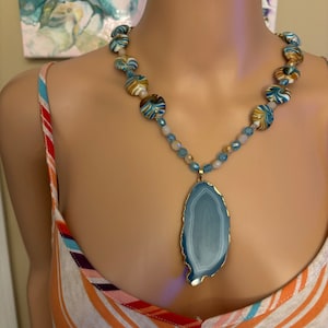 Beaded Necklace, Light Blue Agate Pendant Necklace