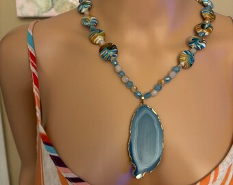 Beaded Necklace, Light Blue Agate Pendant Necklace