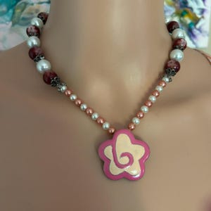 Beaded Necklace, Pink Flower Pendant Necklace Choker