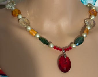 Beaded Necklace, Glass Deep Red Teardrop Pendant Necklace