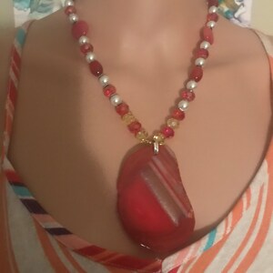 Beaded Necklace, Red Agate Pendant Necklace