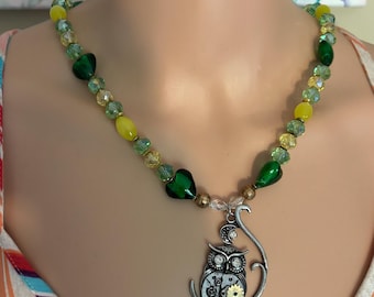 Beaded Necklace, Steampunk Owl Pendant Necklace