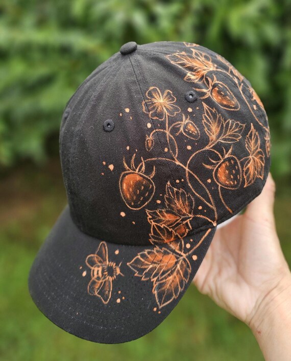 One of a Kind Bleach Handpainted Strawberry Bee Hat Baseball  display picture 3