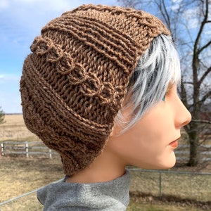 Brown Hand Knit Faux Cabled Alpaca Hat, Beanie for Men, Teens, or Women image 1