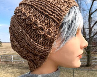 Brown Hand Knit Faux Cabled Alpaca Hat, Beanie for Men, Teens, or Women