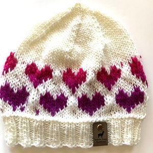 Hand knit Beanie with Hearts image 1