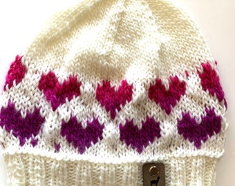 Hand knit Beanie with Hearts