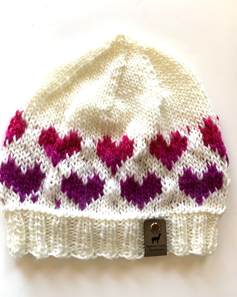 Hand knit Beanie with Hearts image 1