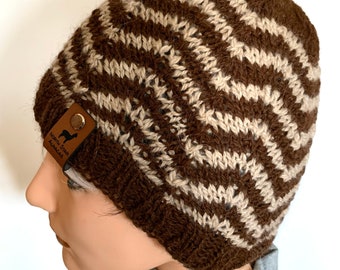 Handknit Hat, Alpaca and Wool, Brown and Beige