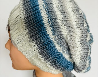 Handknit Striped Wool Slouchy or   Beanie for Men Women and Teens