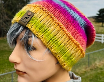 Handknit Striped Wool  Beanie / Slouchy  for Men Women and Teens