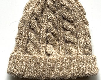 Cabled Alpaca Hat, Handknit Beanie with Rolled Brim