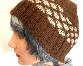 Hand Knit, Alpaca / Wool, Fair Isle, Brown Beanie