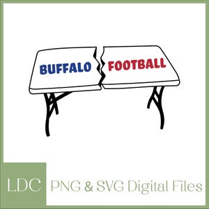 Puede incluir: Una ilustración gráfica digital de una mesa plegable dividida en dos piezas. El lado izquierdo presenta la palabra BUFFALO en texto azul, y el lado derecho presenta la palabra FOOTBALL en texto rojo. El diseño incluye contornos negros.