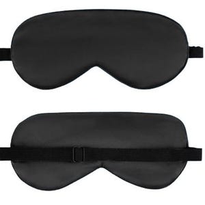May include: Black sleep mask with an adjustable strap. The mask is made of a soft, comfortable material and is designed to block out light.