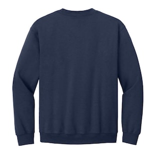 May include: A navy blue sweatshirt with long sleeves and a crew neck.