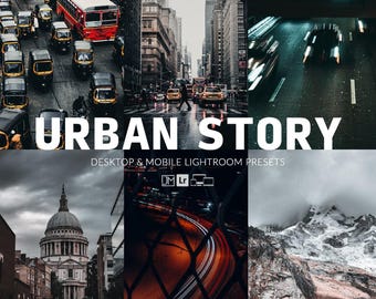 May include: Urban Story: Desktop & Mobile Lightroom Presets. A collection of Lightroom presets for photographers, featuring a variety of urban scenes, including cityscapes, street photography, and architecture.