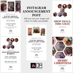May include: A collage of four Instagram post templates for promoting craft fairs and markets. The templates feature images of handmade wooden lamps and the text "Find me at the Autumn Artisan Craft & Gift Fayre", "Find me at Old Spitalfields Market", "Shop Small This Xmas", and "Merry Christmas #ShopSmall".